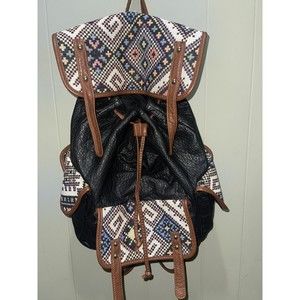 Under One Sky Black Faux Leather Aztec Themed Drawstring Backpack Bag